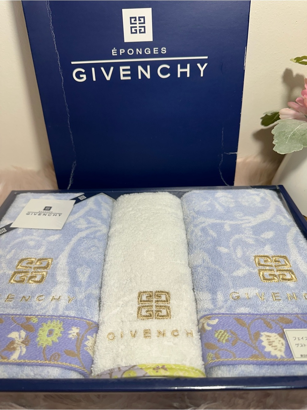 Givenchy Light Blue & White Embroidered Hand Towel Trio